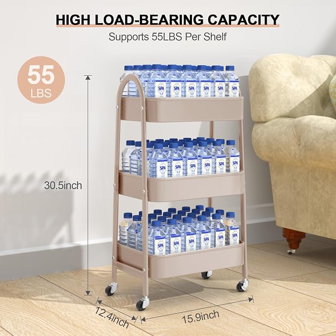 3 Tier Utility Rolling Cart, Metal Storage Cart with Handle and Lockable Wheels, Multifunctional Storage Organizer Trolley with Mesh Baskets for Kitchen, Living Room, Office, Garage (Beige) - Image 6