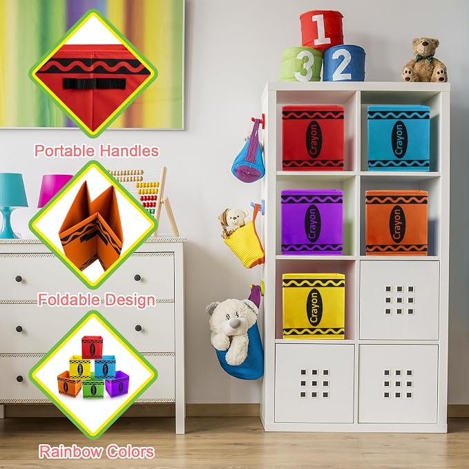 Demonwer 9 Pcs 11 Inch Colorful Fabric Storage Bins Crayon Cubby Basket Bins with Handles Rainbow Storage Containers for Back to School Decorations Office Home Organizer Supplies - Image 4