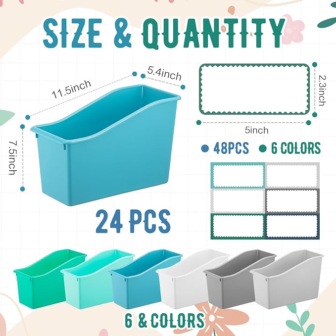 Geetery 24 Pcs Book Bin for Classroom with Labels Stackable Plastic Organizing Bins 11.5 x 5.4 x 7.5 in Book Holders Storage Bins Box Baskets for Classroom Library Home (Morandi Color) - Image 2
