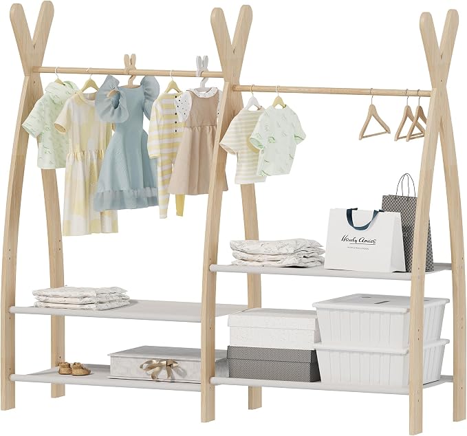 NACHES Small Kid Clothing Rack Wood Montessori Garment Rack for Toddler Baby Wardrobe Closet Compact Dress Up Storage Organizer Hanging Rod with Basket for Costume Princess Skirt Coat Bedroom Nursery - Image 8
