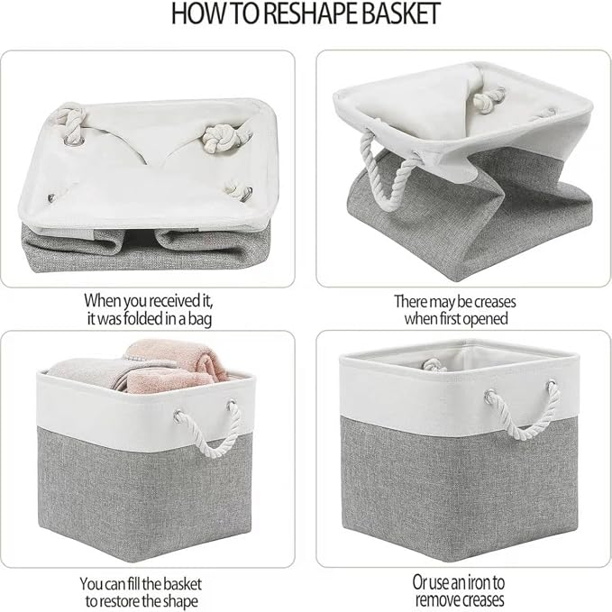 11x11 Inch Cube Storage Bins, 8 Pack Collapsible Fabric Storage Cubes with Rope Handles, Waterproof Foldable Storage Baskets for Cube Shelves, Closet, Clothes, Toys, Books, White & Gray - Image 6