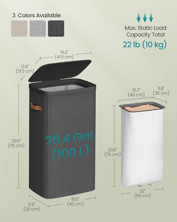 SONGMICS Laundry Basket, 26.4 Gal. Laundry Hamper, Easy Assembly, with Lid and Handles, Removable Liner, 16.5 x 12.6 x 29.5 Inches, Ink Black ULCB811BH01 - Image 6