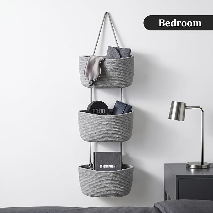 TeoKJ Over the Door Hanging Basket, 3-Tier Woven Cotton Wall-Mounted Storage Organizer Bag Decorative Hanging Nursery Baskets, Gray - Image 9