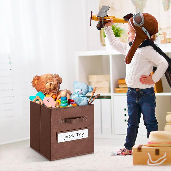 11 Inch Storage Cube,Storage bin,cube storage (Set of 10) Foldable Fabric Cube Storage Bins with 10 Labels Window Cards & a Pen,Baskets Containers for Shelves,Closet Organizers Box,Brown - Image 5
