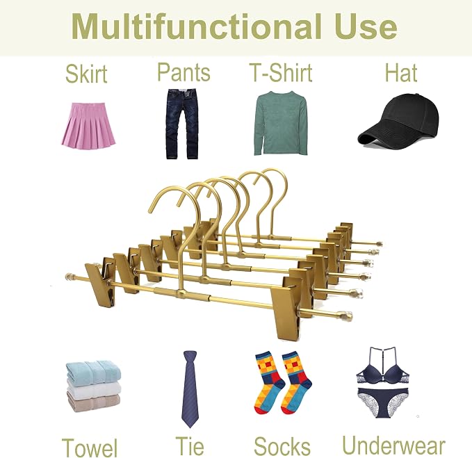 Pants Hangers Gold Aluminum Skirt Hanger 2-Adjustable Clips Heavy Duty Clothes Hangers Space Saving Durable Hanger 11.8" Closet Organizer for Pant,Pack of 10 - Image 6