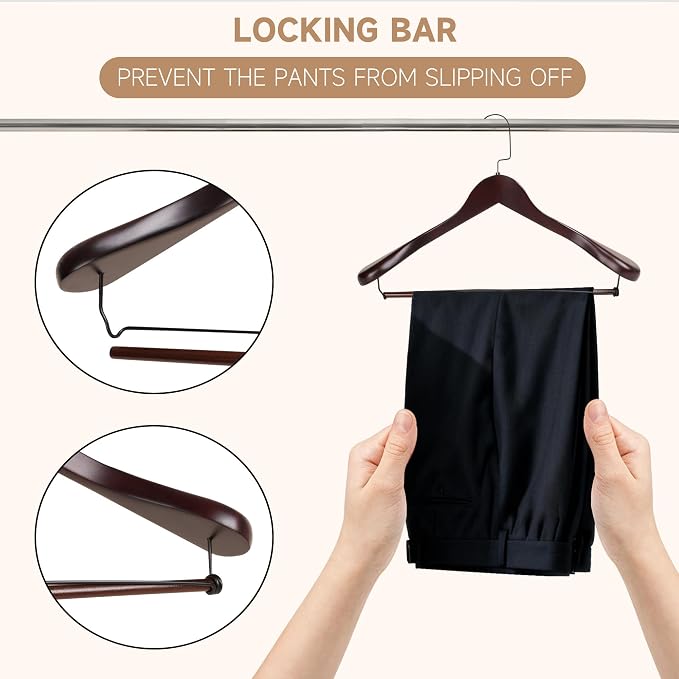 12-Pack Premium Wooden Wide Shoulder Suit Hangers, Heavy-Duty Solid Wood Coat Hangers with Non-Slip Locking Pant Bar for Heavy Clothes, Garments, Blazers, Jackets, Outerwear, Shirts (Dark Cherry) - Image 5