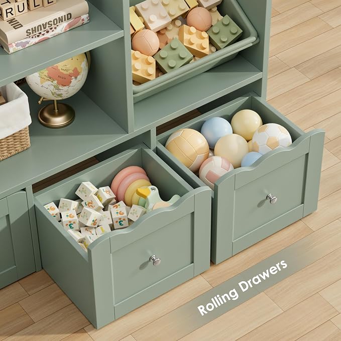 HITHOS 55" W Kids Toy Storage Organizer with 10 Toy Box & Book Shelf, Green | Large Toy Organizers and Storage with Kids Bookshelf & 6 Plastic Toy Chests & 4 Movable Drawers for Kids Room, Playroom - Image 5