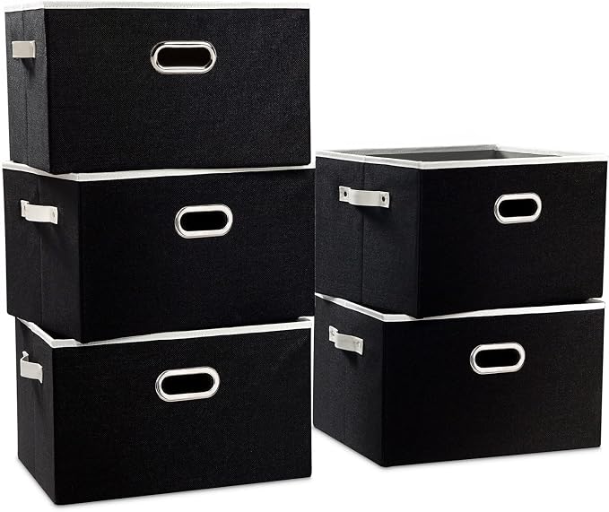 Larger Collapsible Storage Bins for Closet [5-pack] Decorative Linen Fabric Storage Baskets Cubes with Leather/Metal Handles for Living Room Black (17.3x12.2x10.4 Inch) by Prandom