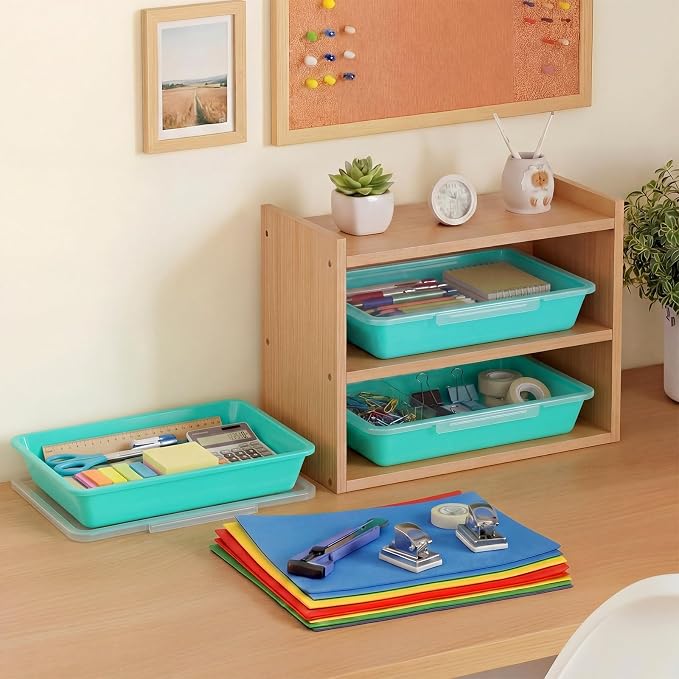 12 Pcs Classroom Paper Storage Bins with Clear Latching Lid, Label Stackable Letter Size Flat Tray Container for Teacher Back to School Supplies Home Office Desk Arts Crafts (Teal,13x10in) - Image 6