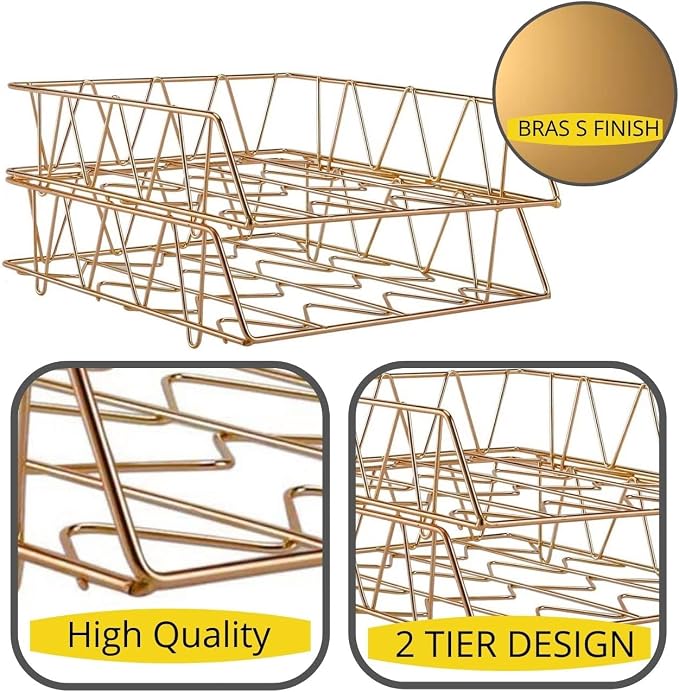 Performore 11x17 Stackable Metal Paper Tray Organizer, 2-Tier Wire Desk Trays for Office & Home, Gold File Holder for Documents, Mail, Folders & Tabloid-Size Paper - Image 7