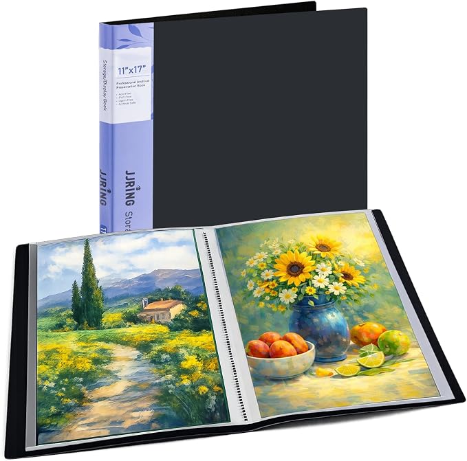 11x17 Black Art Portfolio Folder Displaying 48 Pages with Plastic Sleeves | 24-Pocket Presentation Book Binder For Artwork Storage Featuring Dark Inner Paper Inserts Protective Document Archival Holder by JJRING