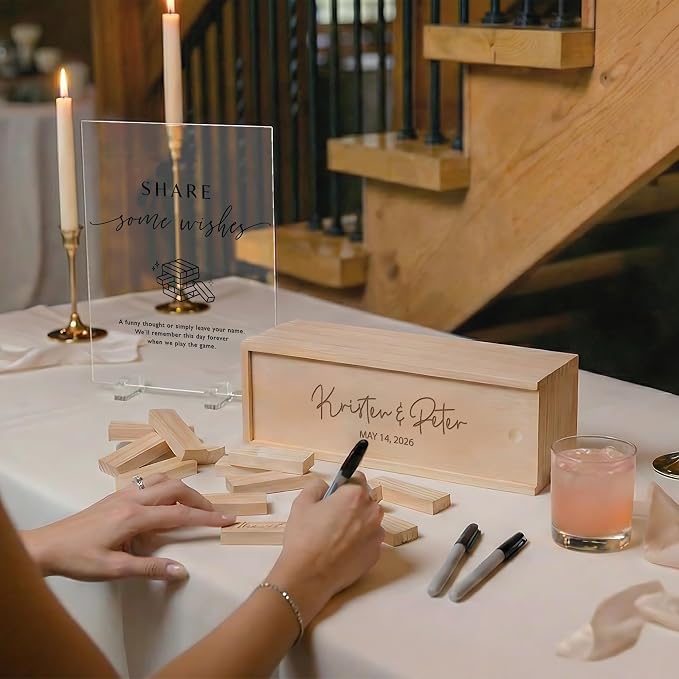 Personalized Wedding Jumbling Tower Guest Book, Engraved Box | Wooden wedding alternative with 54 signing blocks and a 10.6 x 3.9 x 3.54 in keepsake box for lasting memories - Image 2