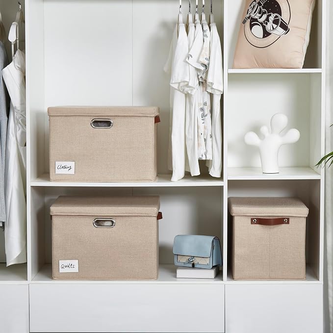 15" Fabric Storage Box with Lids, 3-Pack, Khaki | Stackable, Foldable, 2 PU Handles and 2 Metal Handles, Decorative Fabric, For Home, Bedroom, Closet, Office, Nursery - Image 7