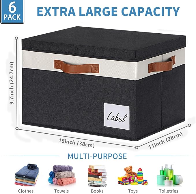 GhvyenntteS Fabric Storage Bins with Lids 6 Pack, Foldable Fabric Storage Baskets with Lid and Handles, Large Closet Organizers and Storage boxes with Label for Home Office (Black, 15" x 11" x 9.7") - Image 2