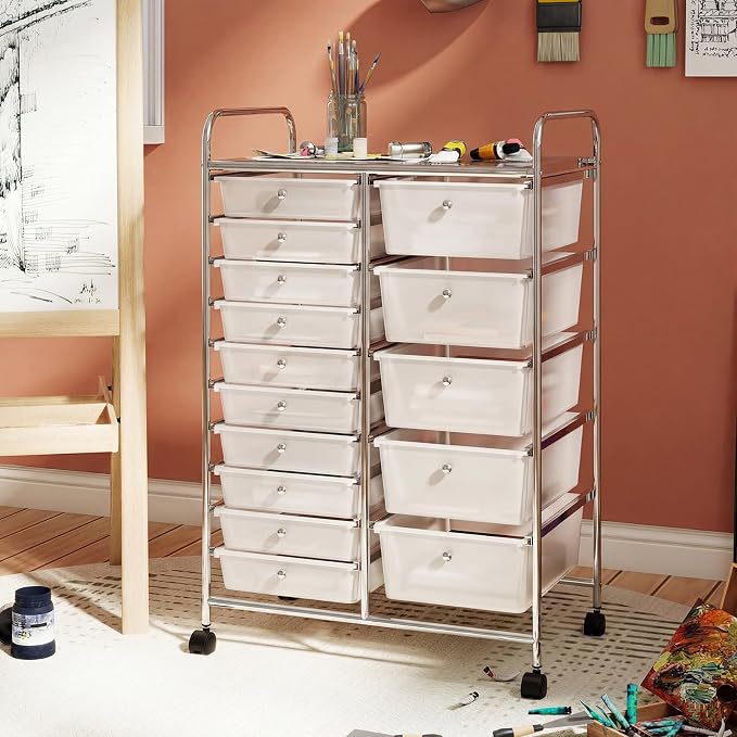 RELAX4LIFE 15-Drawer Rolling Storage Cart - Utility Cart with Metal Frame, Lockable Wheels & Removable Drawers, Multipurpose Art Craft Organizer for Home Office, Classroom (Clear) - Image 2