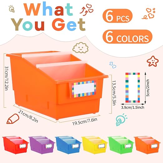 6 Pack Picture Book Bins with Dividers Plastic Book Holders with Labels Stackable Classroom Organization Bins Magazine File Binder Holder Storage Container for Classroom Library Home Office(Colorful) - Image 2