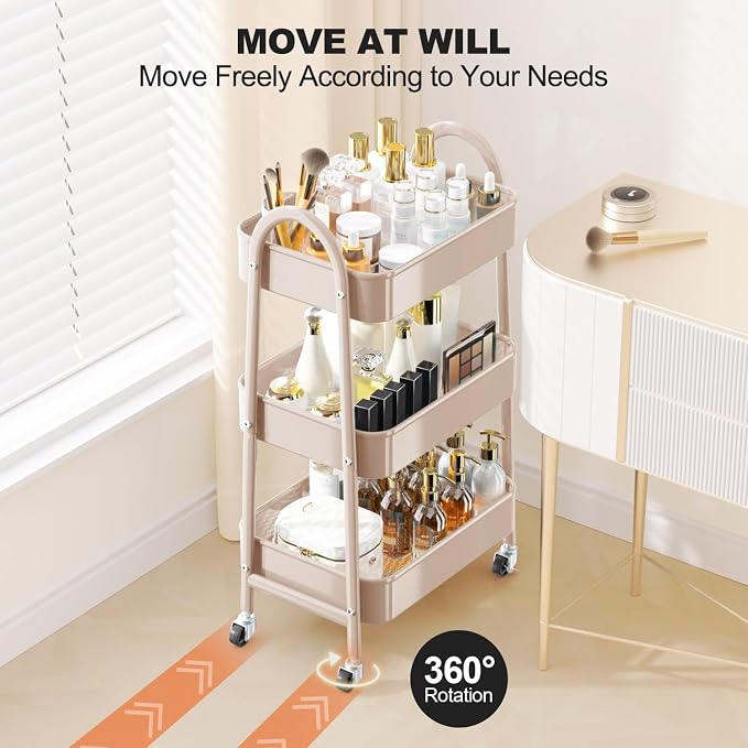 3 Tier Rolling Cart, Large Metal Storage Cart with Handle and Lockable Wheels, Big Multifunctional Storage Organizer Trolley with Mesh Baskets for Kitchen, Living Room, Office, Garage (Beige) - Image 4