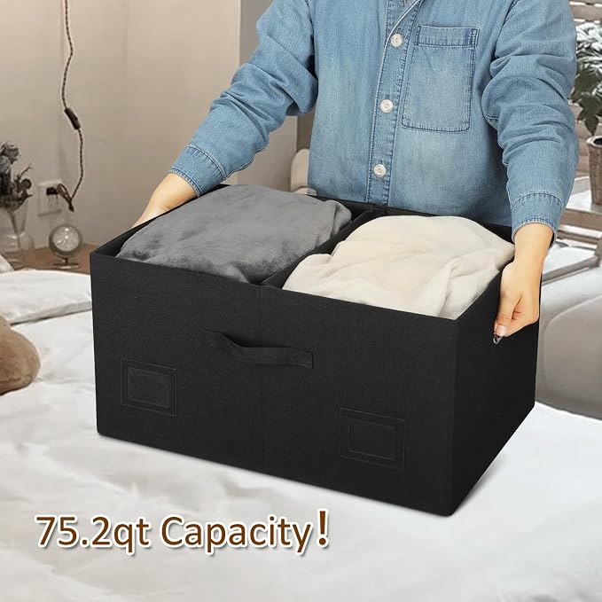 Graciadeco 75 Quarts Extra Large Decorative Storage Bins with Lids, 3 Packs Black Collapsible Storage Bins with Lids, Stackable Storage Bins Decorative Box Storage With Lid Extra Large | 75 Quarts 3 Pack Black Collapsible Stackable Linen Fabric 4 Handl... - Image 3