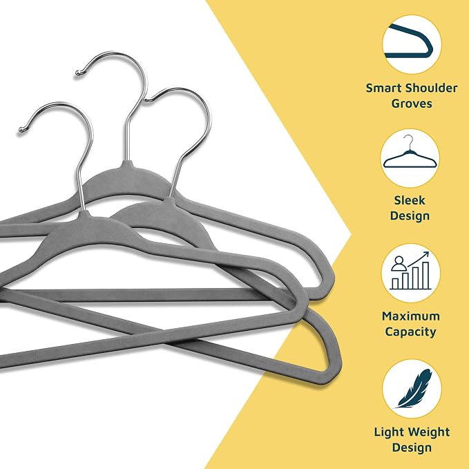 Gray Velvet Kids Hangers 50 Pack, 10.83" Non-Slip Baby & Toddler Hangers for Clothes, Space-Saving Slim ABS Plastic with 360° Swivel Hook & Notched Shoulders, Up to 10 lb Capacity - Image 3