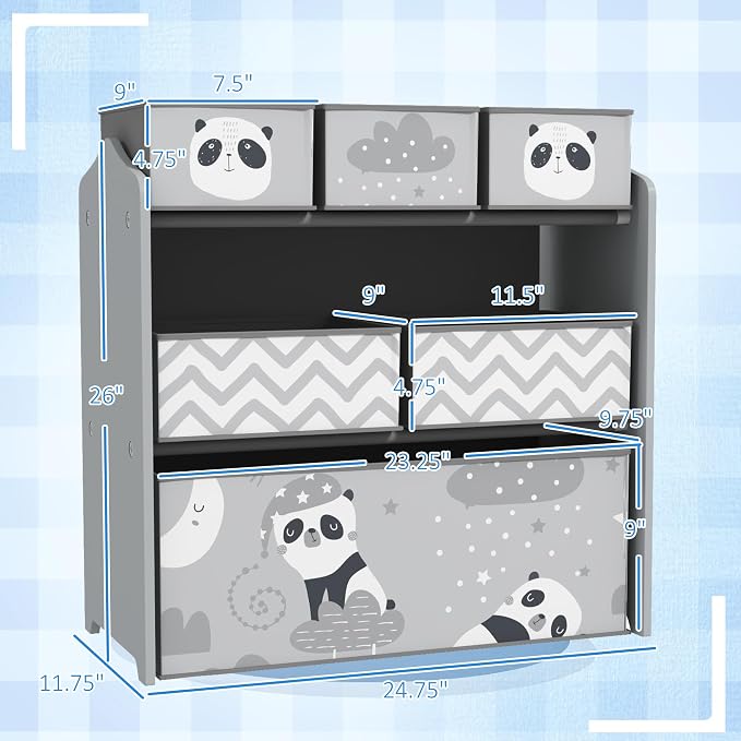 Qaba Toy Organizer with 6 Storage Bins for Bedroom, 25" x 12" x 26", Gray | Kids Storage Unit, Kids Room - Image 3