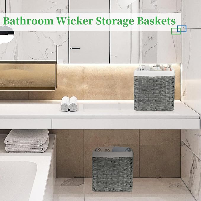 Bidtakay Wicker Baskets for Shelves Waterproof Imitation Wicker Cube Storage Bins with Liners for Organizing Closet Cabinet 11x11 inch Storage Cube Organizer for Pantry-Dark Grey 2-Pack - Image 5