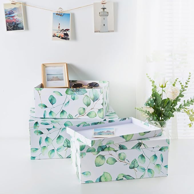 Soul & Lane - Eucalyptus Decorative Storage Boxes with Lids, Set of 3 | Large Nesting Cardboard Keepsake Boxes for Memories, Photos and Gifts, Pretty Leaves Print Containers for Home Decor - Image 7