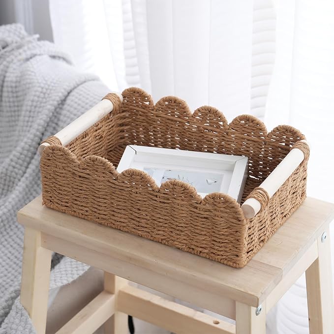Wicker Storage Baskets, Scalloped Shelf Baskets, 2-Pack | 2 scalloped wicker baskets in large and small sizes; decorative shelf organizers with handles for bathroom and home storage. - Image 6