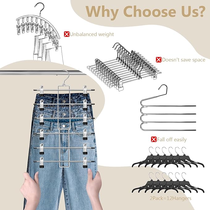 Pants Hangers with Clips,Space Saving Hanging Closet Organizer-6 Tiers Skirt Hangers with 360° Swivel Hook,Closet Organizer-Clothes Hangers - Image 3