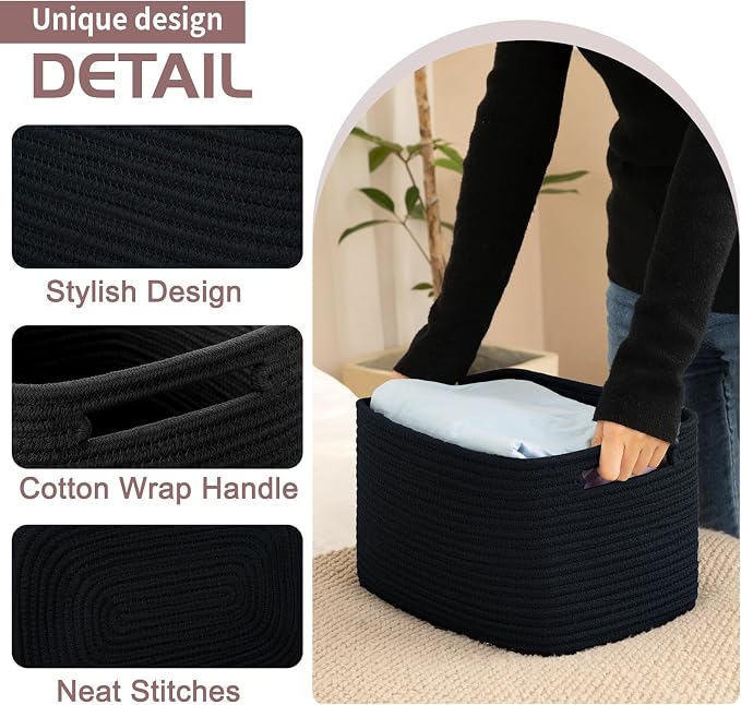 OIAHOMY 4 Pack Storage Baskets for Organizing 15L Cube Storage Bins Black | Woven Baskets for Storage Rectangle Small Baskets With Handles Baskets for Shelves Wicker Baskets for Shelves 12.7x9x7.8inch - Image 2