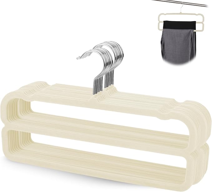 VSV stoage Velvet Pants Hangers with Double Non Slip Bar - Multiple Velvet Hangers for Closet - Thin Space Saving Clothes Hanger - 360° Swivel Felt Trouser Hanger Perchas Terciopelo 10 Pack (Beige) by VSVstoage