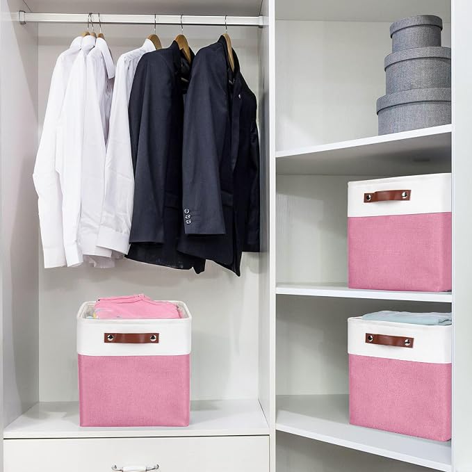 Collapsible Fabric Storage Cubes 11x11 Cube Storage Bins, 4 Pack Closet Baskets Box with Handles for Organizing, Shelf, Toys, Clothes, Home, Office, Nursery (Pink&White) - Image 3