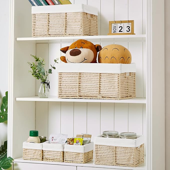 Wicker Storage Baskets, 6 Pack Baskets for Organizing, Wicker Basket with Handle, Rectangular Basket for Storage Shelves, Cube Storage Bins for Closet/Clothes/Dresser, Beige - Image 7