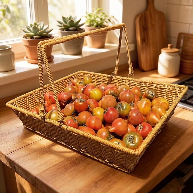 Plastic Picnic Basket with Foldable Handle - Rectangular Rattan Style Organizing Basket, Large Capacity Woven Storage Basket - Image 2