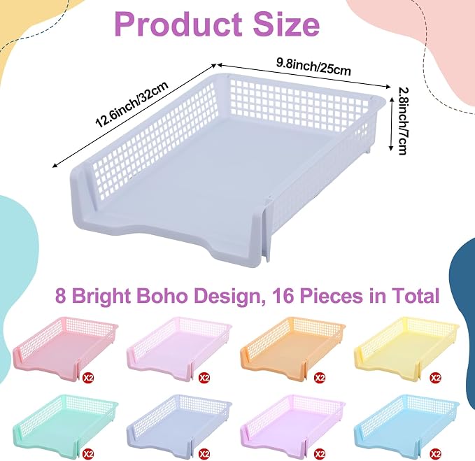 16 Pack Pastel Plastic Turn in Paper Trays for Classroom Storage Bin Basket Organizers for School Teacher Supplies Classroom Office Home Organization Storage Tray Holds 4A Paper File Document - Image 2