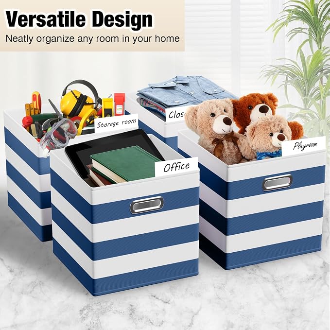 CroBlissful 11 Inch 6 Pack Fabric Storage Cubes with Metal Handles, Back to School Collapsible Organizer Bins for Classroom, Closet, Student Room, Toys and School Supplies (Blue and White) - Image 4