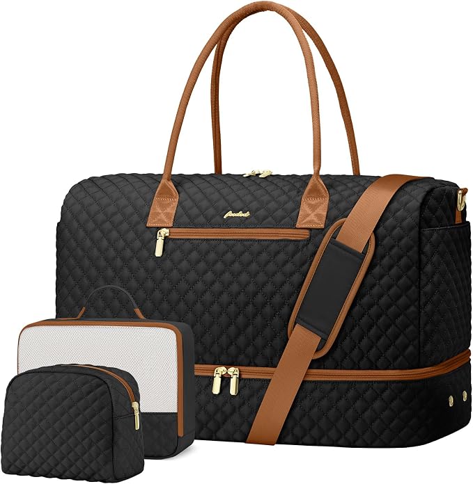 Travel Weekender Bags for Women: Overnight Bags with Shoe Compartment 3Pcs | Carry On Bag with Crossbody and Toiletry Bag, with Wet Dry Pocket For Hospital Overnight Airplane Approved Duffle Beige Brown by FOCDOD