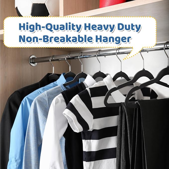 Premium 14 Inch Kids Hangers 50 Pack, Baby Velvet Hanger Non Slip | Black Space Saving Felt Hangers Clothes Organizers for Closet with 360° Swivel Hook for Children, Toddler & Teens - Image 9