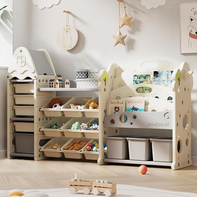 Pipleo Kids Toy Storage Organizer with 17 Removable Bins, 4-Tier Bookshelf for Kids, Multi-Purpose Castle-Shaped Toy Organizer for Playroom, Bedroom, Nursery, Living Room (Cream) by PIPLEO