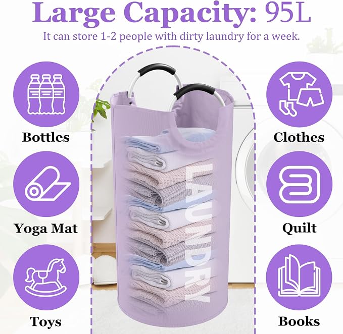 95L Folding Laundry Basket, Large Laundry Hamper with Handles, Portable Dirty Clothes Hamper, Independent Storgae Basket for Bathroom, Living Room, Dorm, Purple - Image 2