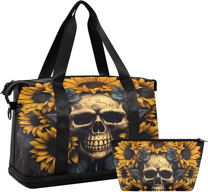 Travel Duffel Tote Bag Skull and Sunflower Sports Duffel Bag with Wet Pocket Weekender Overnight Bag for Women Men Gym Bag, Carry On Bag Hospital Bag for Labor and Delivery - Image 7