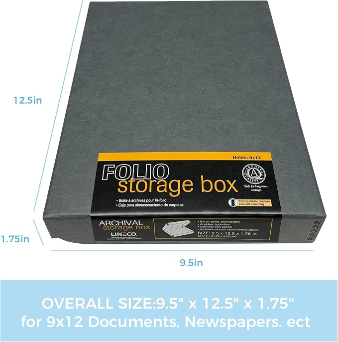 Lineco Clamshell Archival Storage Box, 9.5x12.5x1.75 Inch, Gray | Acid-Free with Metal Edge Boxboard, Organize and Store Photos Documents Cards Negatives Magazine Prints Family Records DIY - Image 2