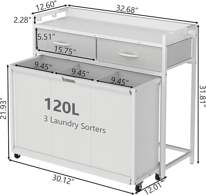 Laundry Hamper Laundry Basket with 3 Section Pull-Out Rolling Bags, Laundry Sorter for Organization and Storage with 2 Pull-Out Drawers for Laundry Room (White, 32.68'' x 31.81'' x 12.6'') - Image 7
