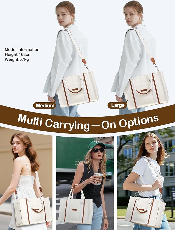 BESBESME Women’s Canvas Tote Bag with Zipper and Compartments – Multi-Pocket Laptop Work Crossbody Shoulder Tote Purse - Image 2