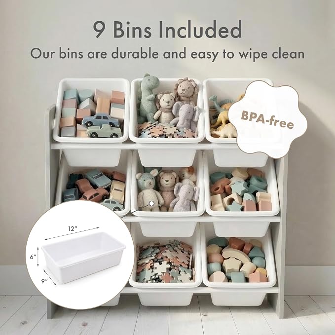Humble Crew Kids Toy Organizer with 9 Bins, 3 Tier Storage for Playroom | Sturdy wood and steel toddler shelf, removable BPA-free containers, wall anchor anti-tip safety kit for bedroom or classroom - Image 5