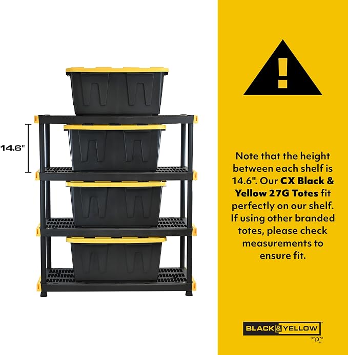 CX Heavy Duty 27-Gallon Stackable Plastic Storage Bins with Lids, 4 Pack | Storage totes for garage organization, Stackable containers, weather-resistant, snap lid, 14.3H x 20.6W x 30.6D, Black/Yellow - Image 7