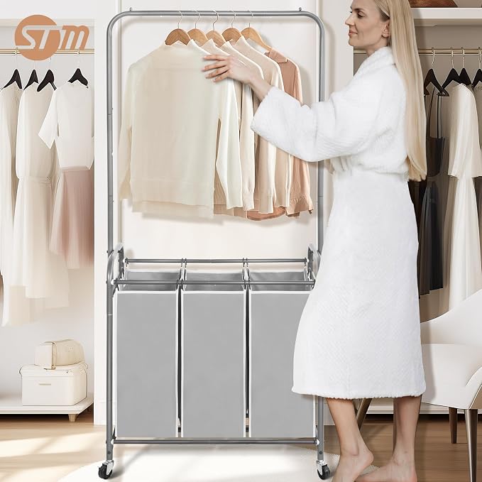 STORAGE MANIAC 136L Laundry Sorter with Hanging Bar, Portable, Removable Laundry Hamper Cart with Heavy Duty Rolling Lockable Wheels and Removable Bags, Rolling Laundry Basket Organizer, 3 Section - Image 8