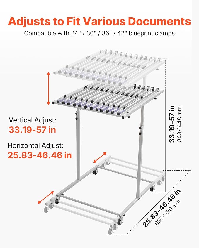 VEVOR Blueprint Storage Rack, Mobile Blueprint Holder with 12 Pivot Brackets, Plan Holder Adjustable Height & Length, Poster Display Rack for Office and Home (Rack Only Without Clamps) - Image 3