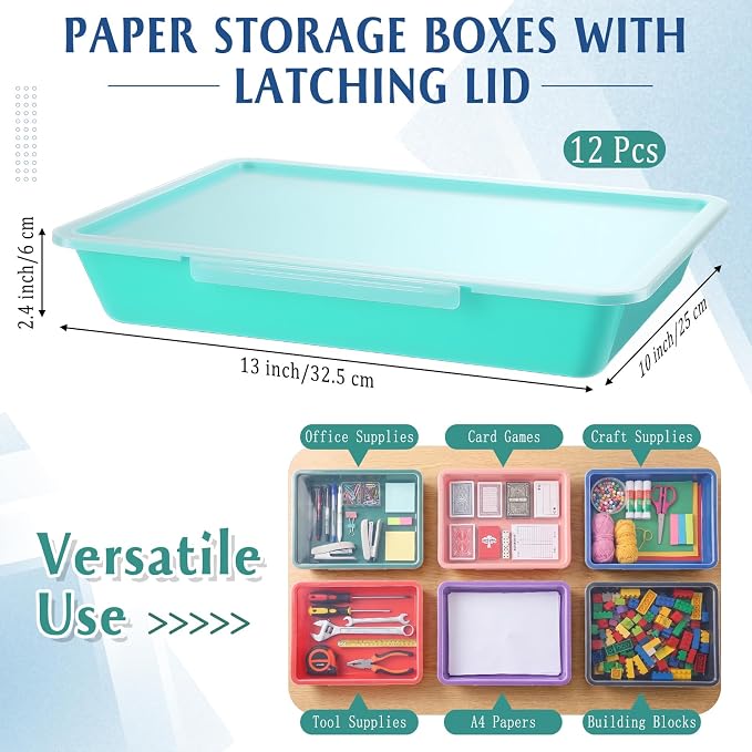 12 Pcs Classroom Paper Storage Bins with Clear Latching Lid, Label Stackable Letter Size Flat Tray Container for Teacher Back to School Supplies Home Office Desk Arts Crafts (Vibrant,13x10in) - Image 2