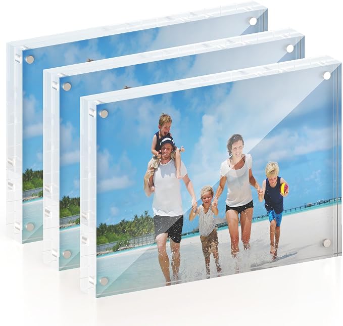 ATZYmolin 3 Pack 5x7 Acrylic Picture Frame, Magnetic Double Sided | 20mm Thick Frameless Clear Transparent Photo Frame, Self Standing for Desktop Tabletop, with Microfiber Cloth by ATZYmolin