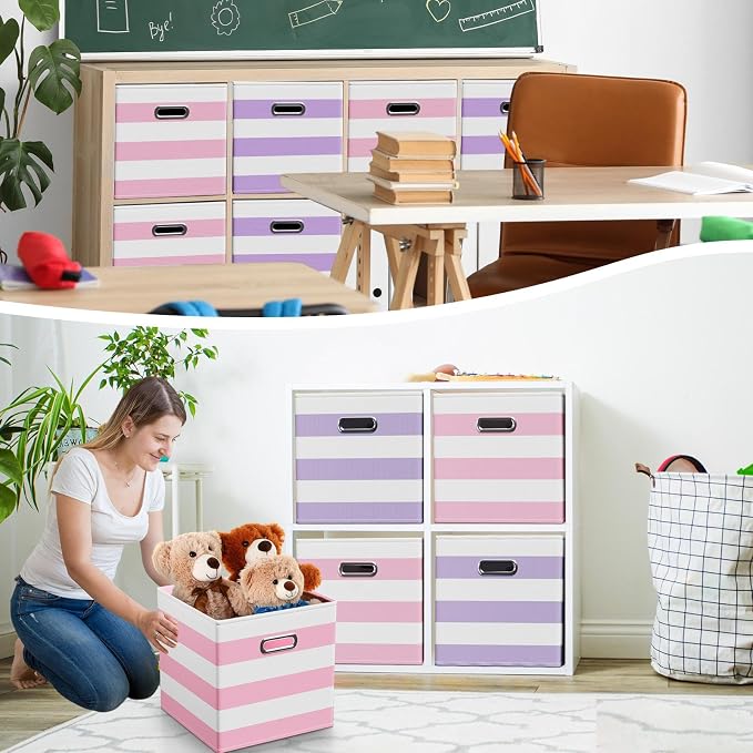 CroBlissful 11 Inch 6 Pack Fabric Storage Cubes with Metal Handles, Back to School Collapsible Organizer Bins for Classroom, Closet, Student Room, Toys and School Supplies (Purple and Pink) - Image 6